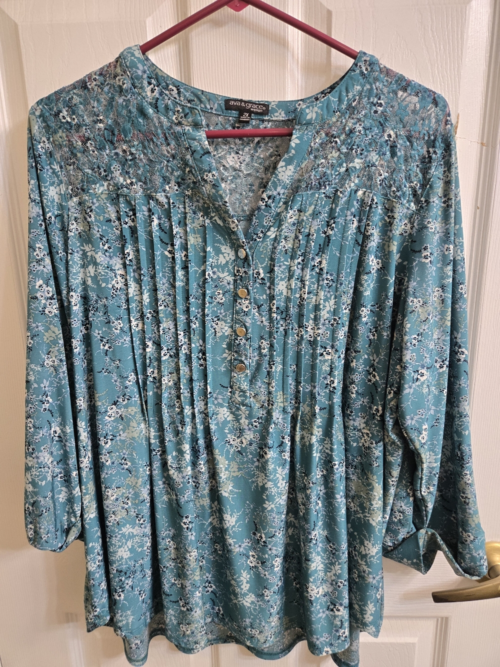 Ava & Grace Teal Floral Pintuck Henley Blouse